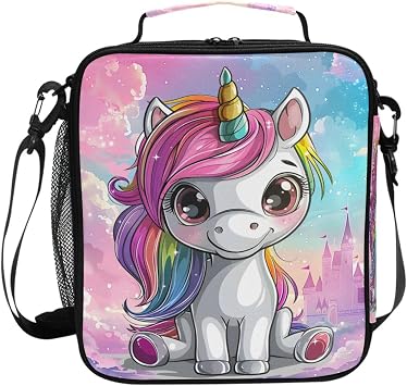 Cute Unicorn Rainbow Castle Lunch Box Insulated Lunch Bag Prep Kids Cooler Tote Freezable Shoulder Strap Waterproof Picnic Meal for School Office