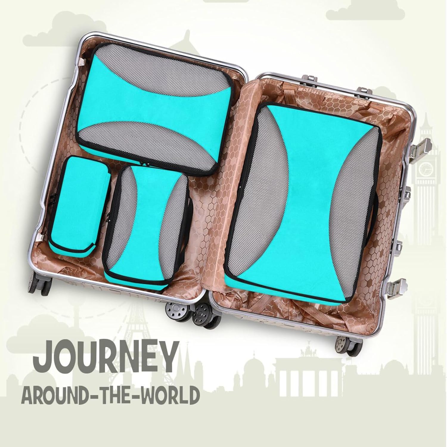 Cyan Aqua Solid Color Pure Plain 4 Pcs set organizer for travel Mesh Travel Essentials lightweight compression packing cubes travel