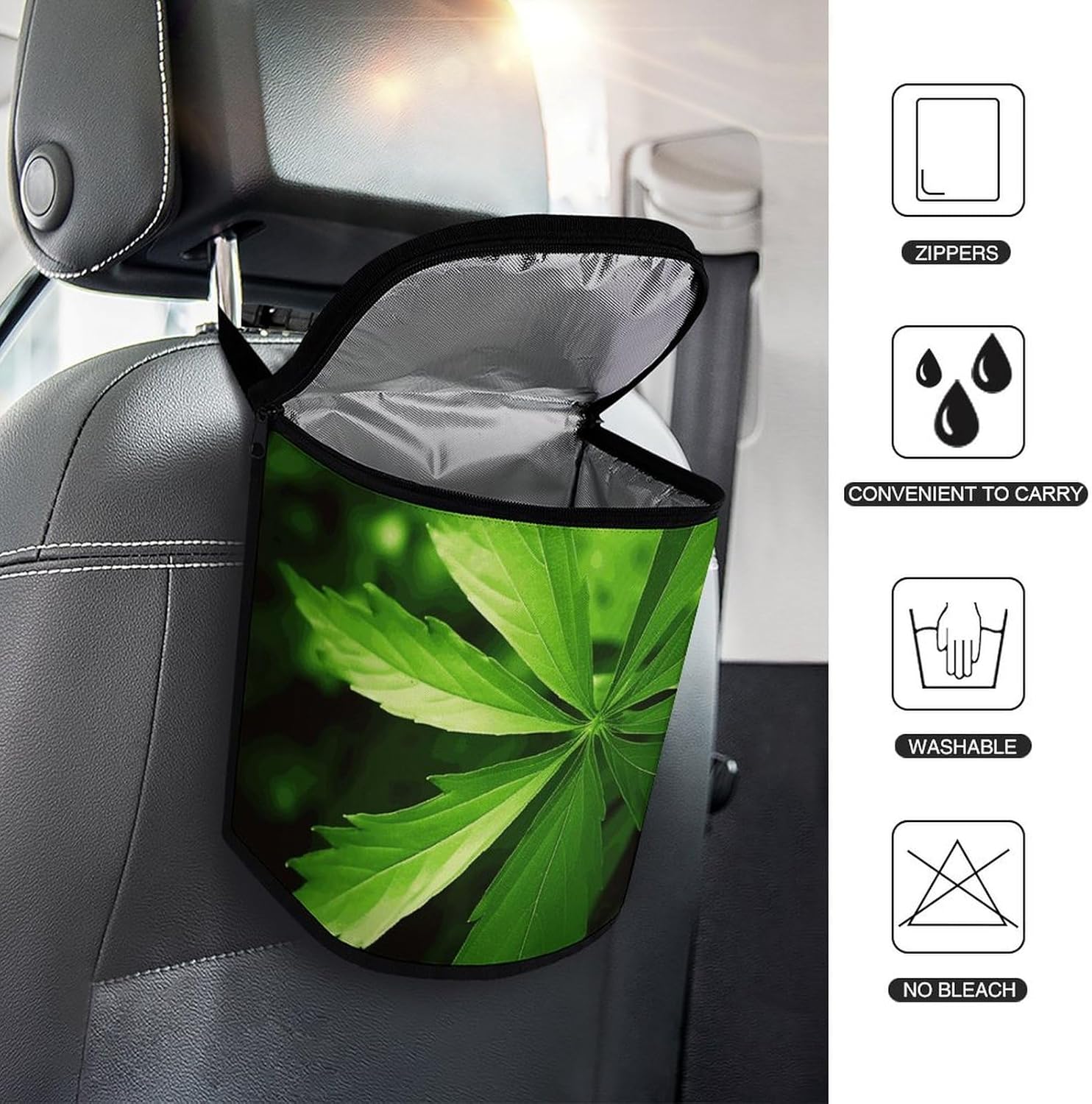 Hanging Car Trash Bag Green Leaves Printed Car Garbage Storage Bag Leakproof Car Trash Can Portable Garbage Storage Bags