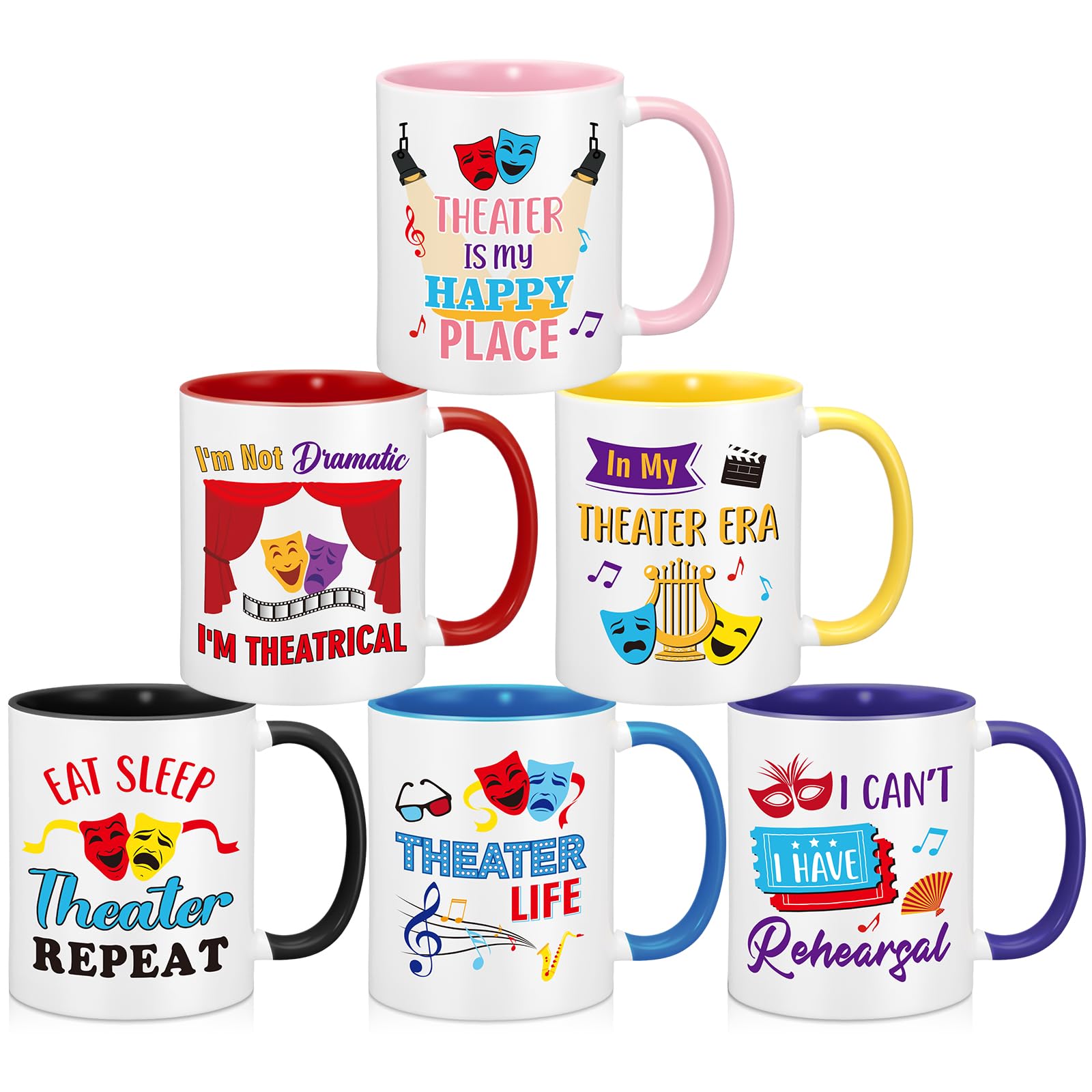 Didaey 6 Pcs Musical Theater Gift Ceramic Mugs 12 oz Drama Lover Coffee Cup