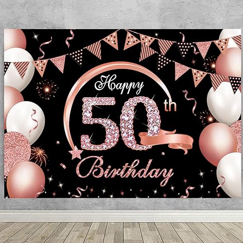Miniatura 7 de Cartel de feliz cumpleaños de 50 x 3 pies, telón de fondo negro dorado y rosa con purpurina, globos plateados con purpurina, decoraciones de