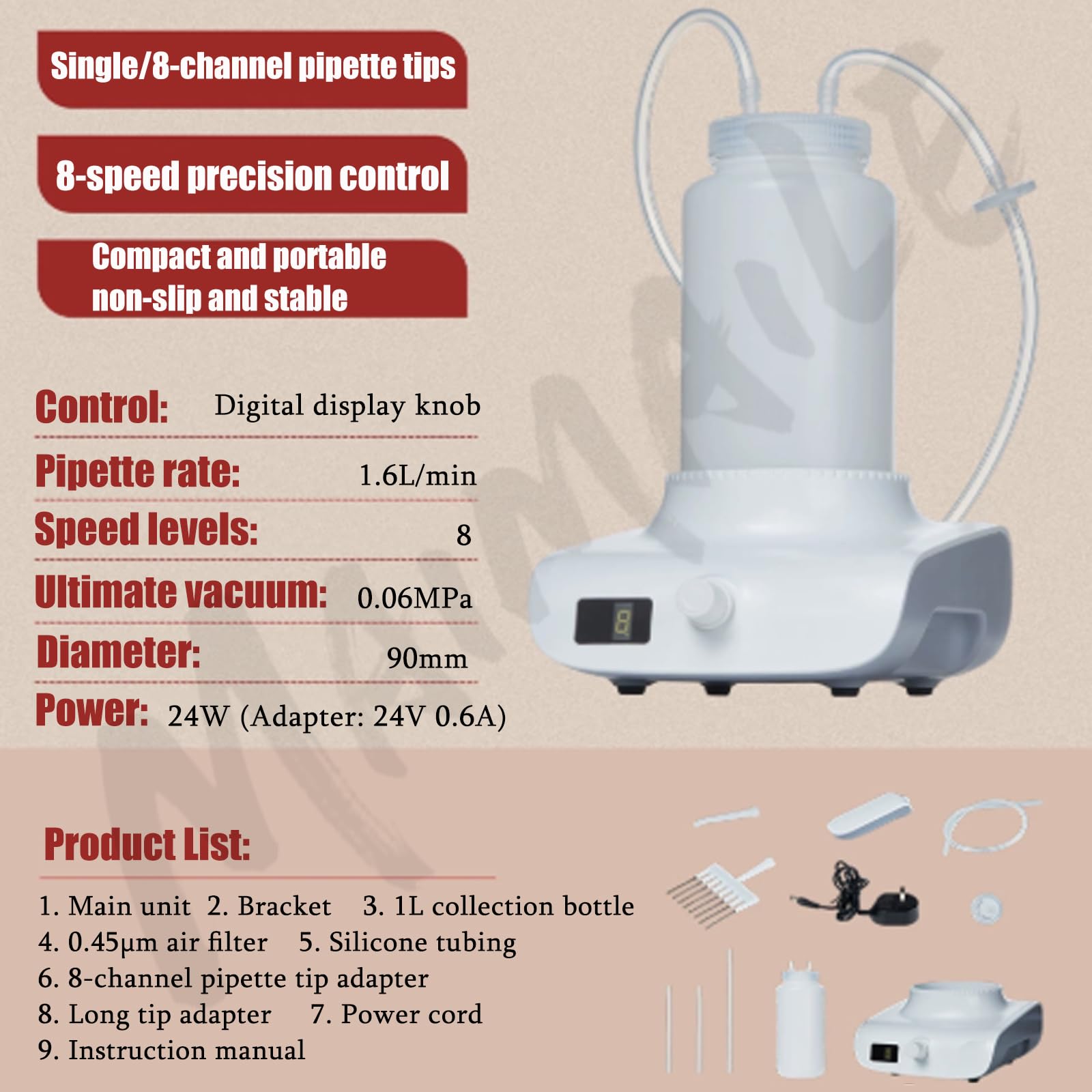 Aspirador de vacío de laboratorio de 1 l, cabezal de aspiración de 8 canales/adaptador de un solo canal, velocidad de aspiración de 1,6 l/min, para filtración al vacío, filtración de disolventes