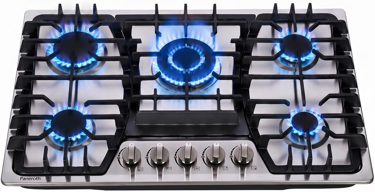 30 Inch Gas Cooktop, 5 Burners Built-in Stove Top Stainless Steel Propane/Natural Gas Convertible Sealed Dual Fuel Hob