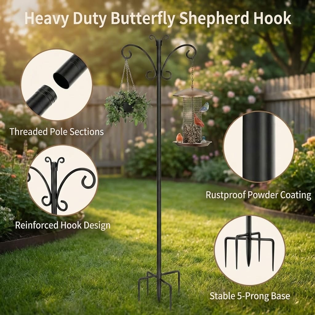 Hoofun Support de crochet pour mangeoire à oiseaux : 234 cm - Station de suspension d'extérieur en métal robuste - Dessus papillon avec base griffe améliorée - 19 mm d'épaisseur - Pour lanternes