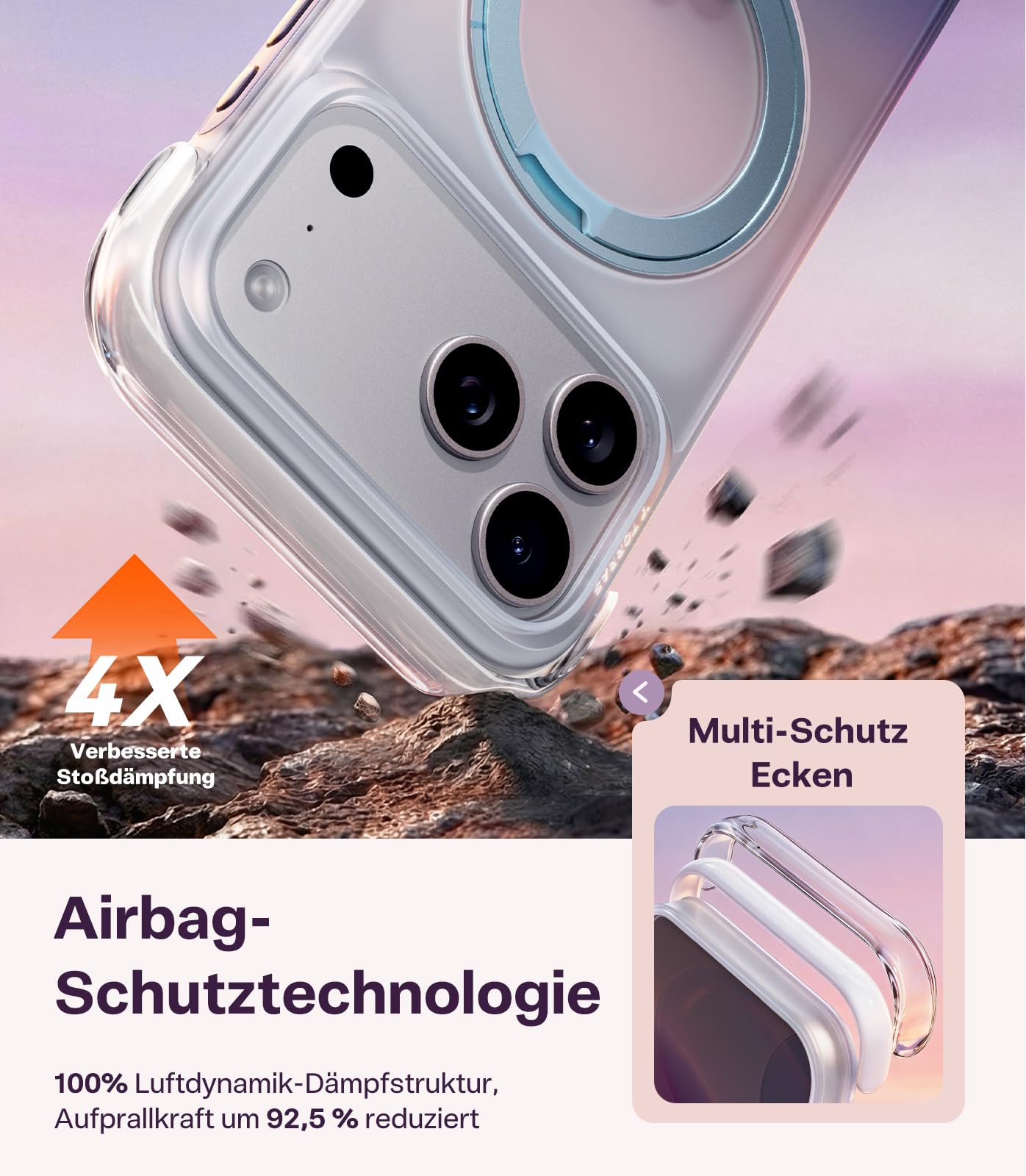 TORRAS Ostand O3 Air für iPhone 17 Pro Hülle Airbag Silber-Lila Verlauf | 360° Drehbarer Ständer, mit MagSafe Handyhülle für Frauen, Stoßfeste Militärschutz Tasche mit DIY-Tasten & Ringhalter