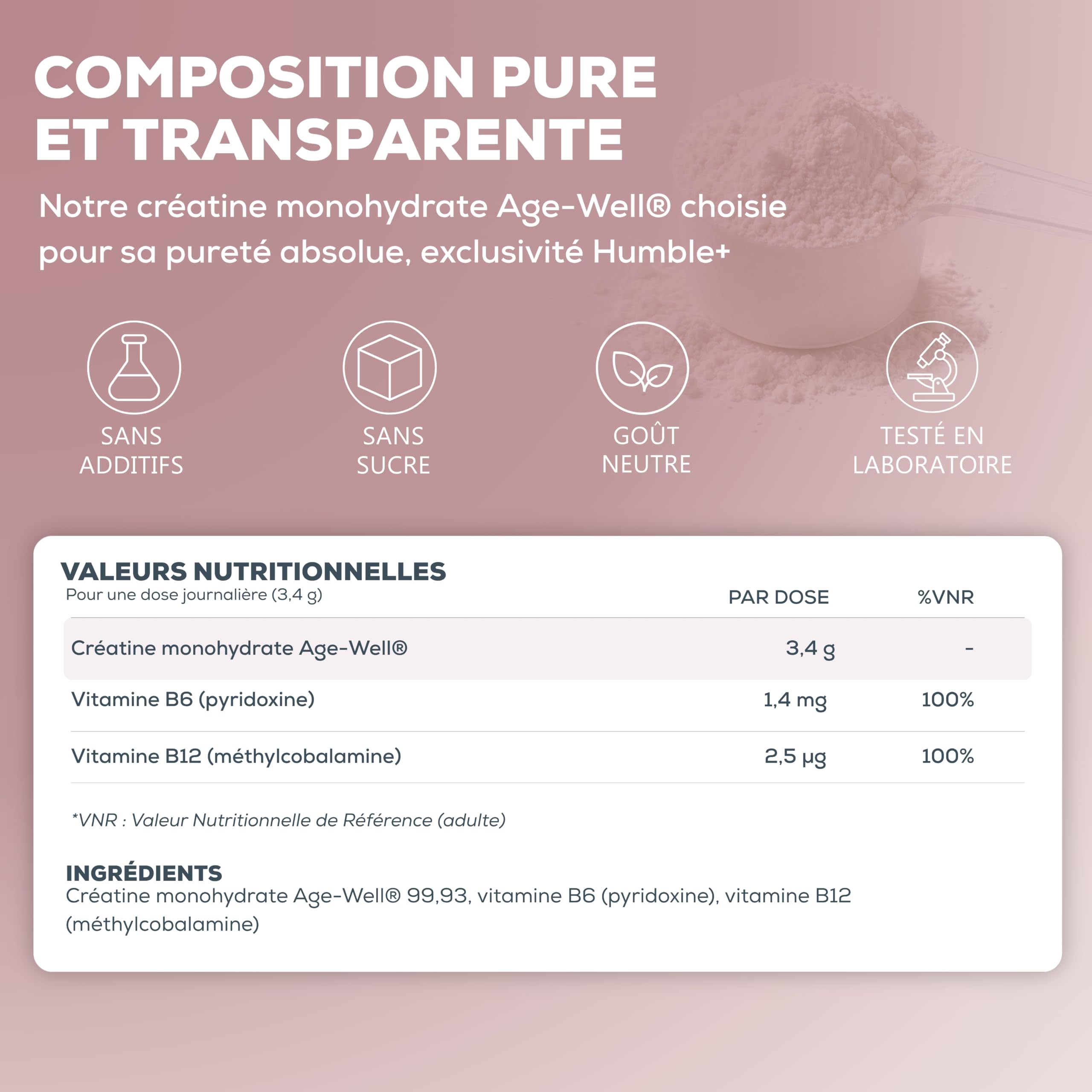 HUMBLE+ Créatine Glow Age-Well® - Créatine Monohydrate + Vitamines B6 et B12-310 g - 90 Portions - Marque Française