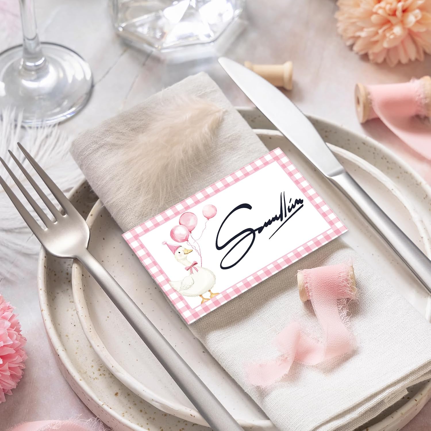 Whaline 100Pcs One Silly Goose Place Cards Tented Card Pink Bow Checkered Balloon Goose Seating Cards for Baby Shower Gender Reveal Birthday Party Table Setting