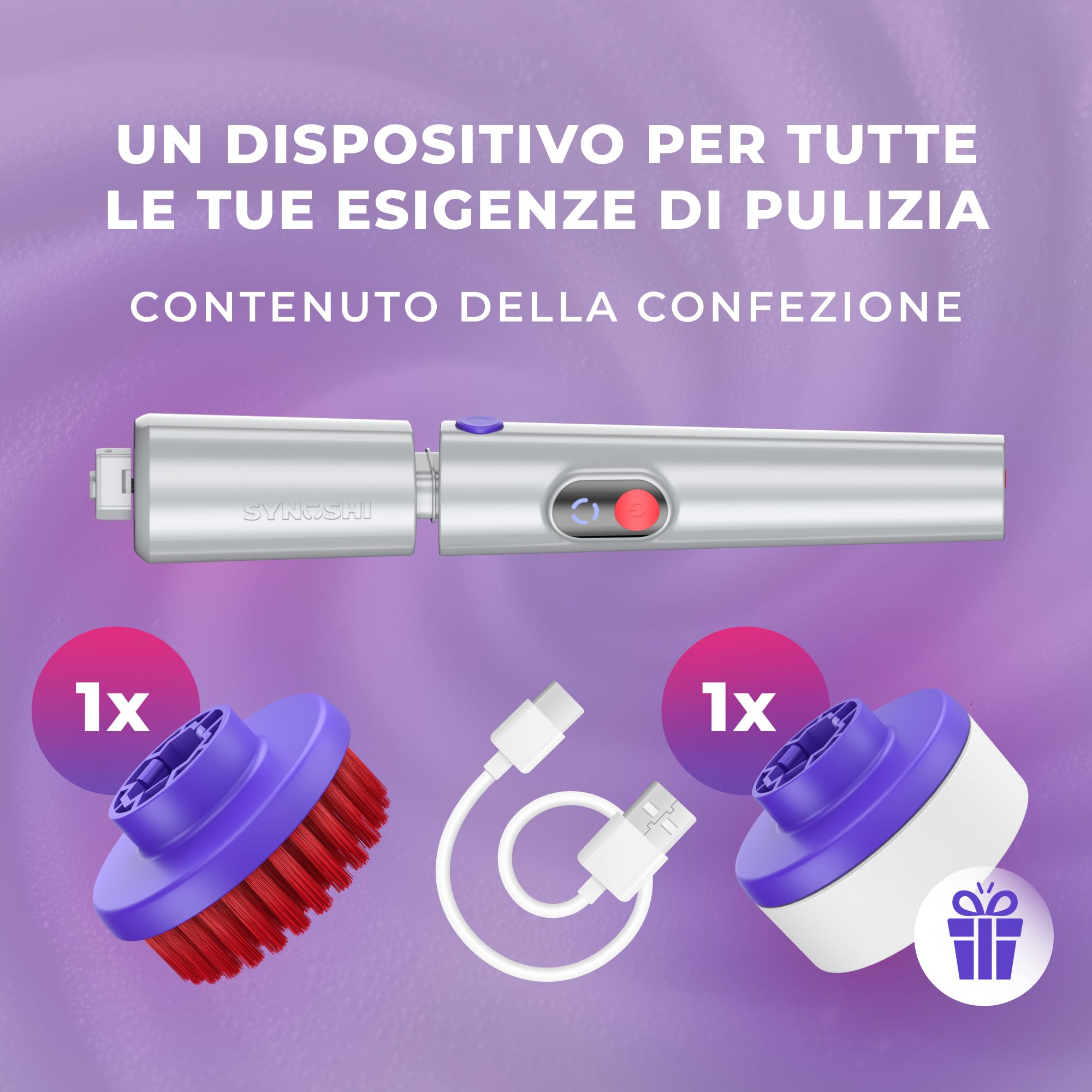 Synoshi Pro Spazzola Elettrica Rotante per Pulizia Casa, Design Universale, 2 Velocità, Batteria Lunga Durata, Attacchi Modulari, Spugna Magica Regalo