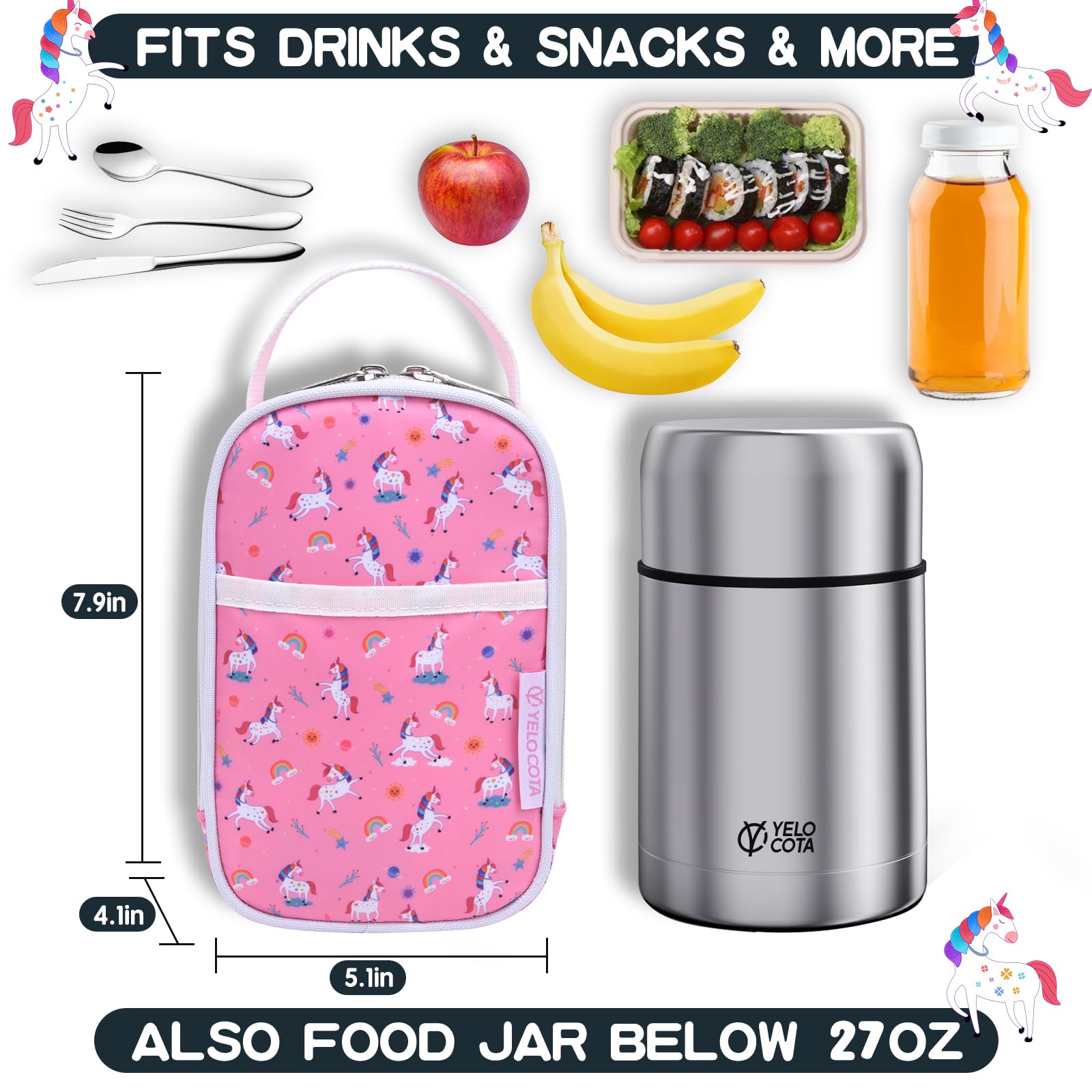 Yelocota Small Cooler Bag- Snack Bag- Insulated Lunch Bag for Kids- Lunch Thermal Bags- Exact Designed for Insulated Food Jar below 27oz-Lunch Tote Bag for Child,Men,Women