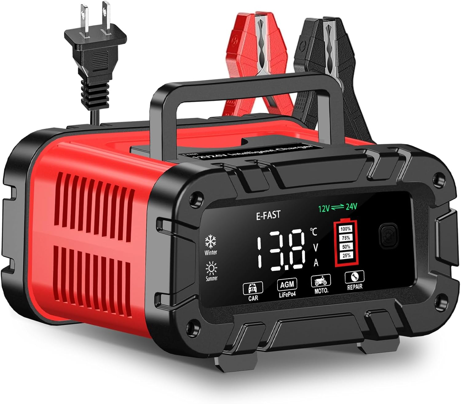 E-Fast 0-20A 12/24V Smart Car Battery Charger, Automatic Lifepo4 Lead Acid Maintainer for Vehicles