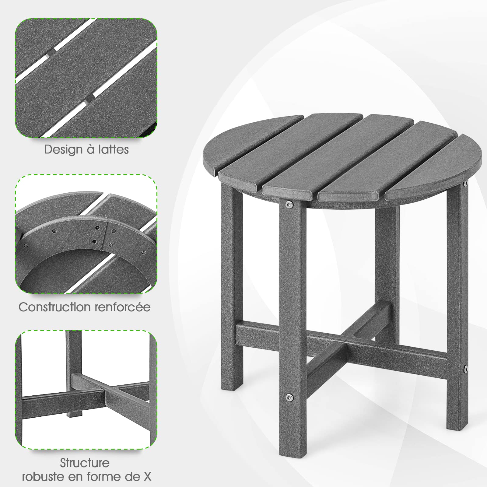 COSTWAY Table d’Appoint Extérieure en HDPE Résistante aux Intempéries Charge 100KG, Table Basse de Jardin Ronde Design Adirondack, pour Patio Terrasse Cour 46 x 46 cm, Gris
