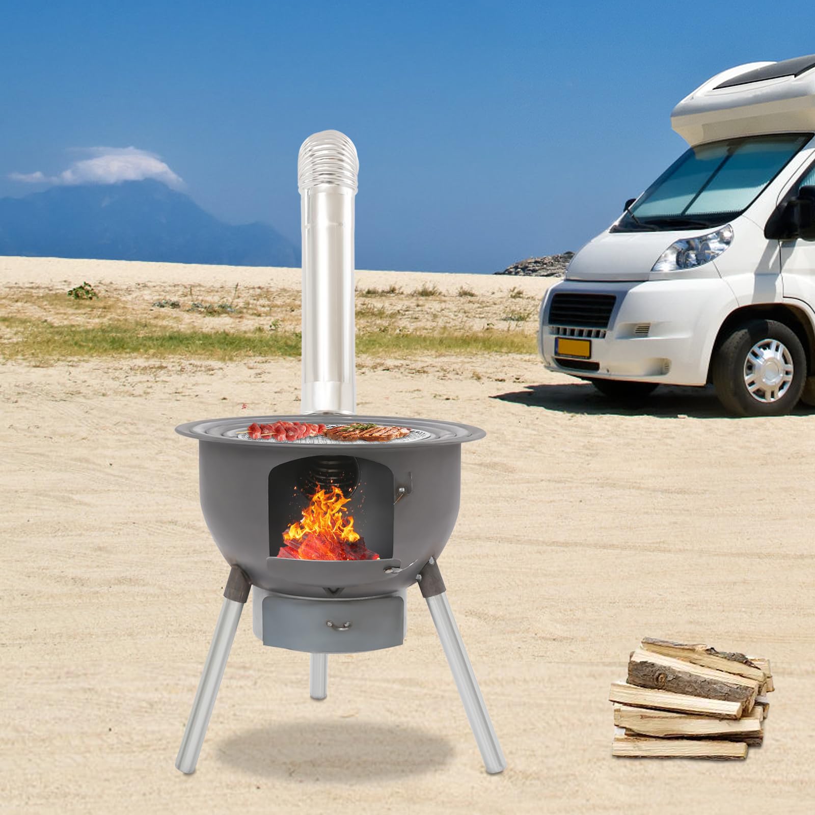 Poêle à bois de camping, portable, multifonction, avec cendrier, 48 x 52 cm, tout-en-un avec grille de cuisson et 3 anneaux de wok