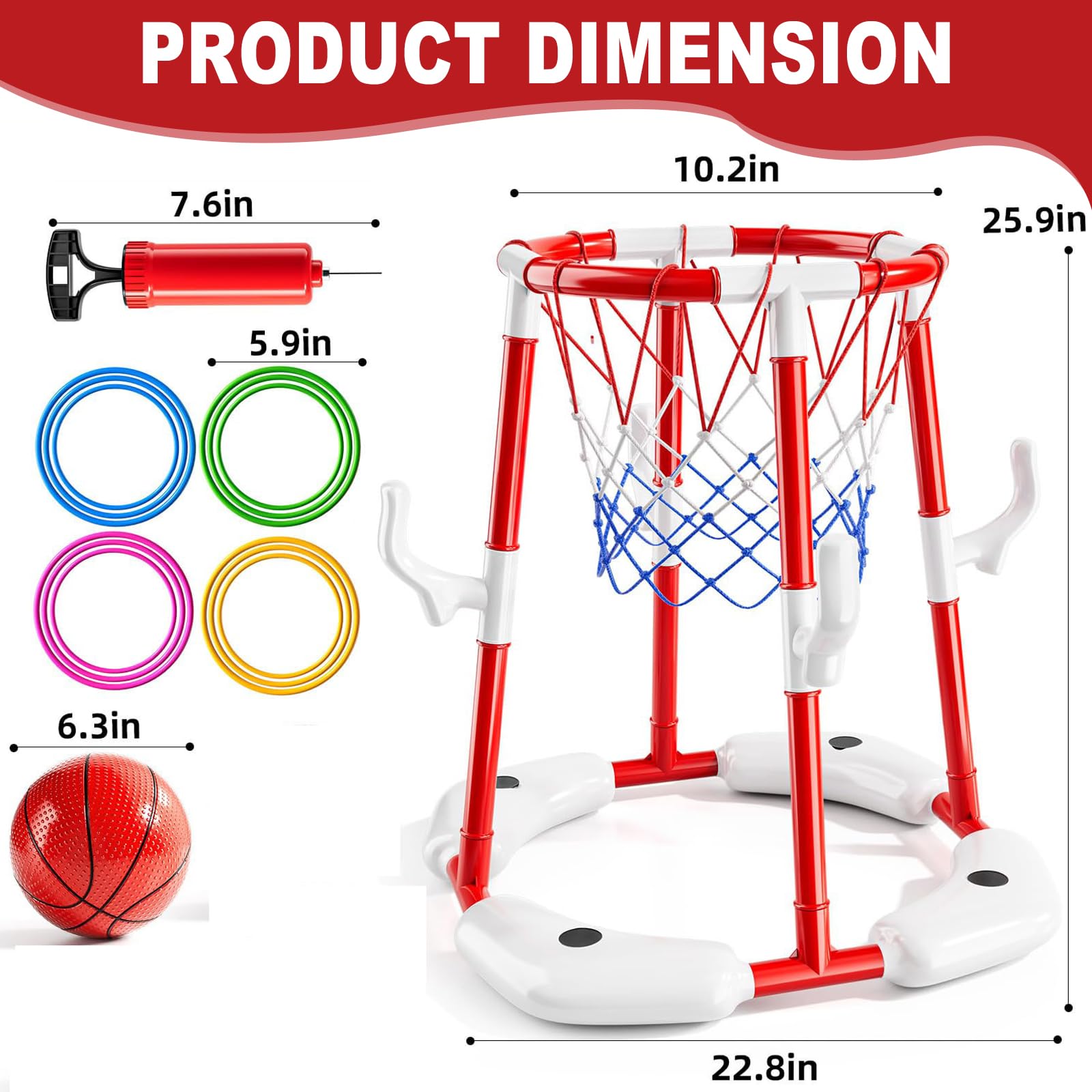 Yuragim Canasta de Baloncesto para Piscina, Juguete Inflable Flotante y Estacionario con 4 Pelotas, 12 Anillos de Lanzamiento, Red y Bomba, Ideal para Niños de 4 a 12 Años