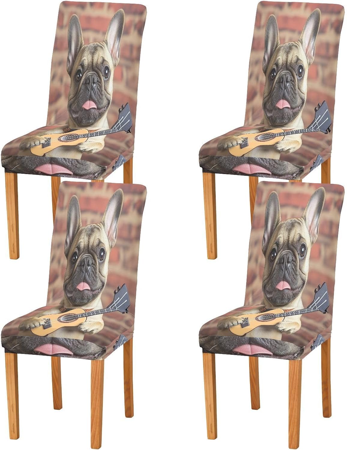 ALAZA Chair Covers for Dining Room, French Bulldog Dog Holding A Guitar Stretch Chair Cover Sets Chair Protector Removable Washable for Ktichen Restaurant Hotel