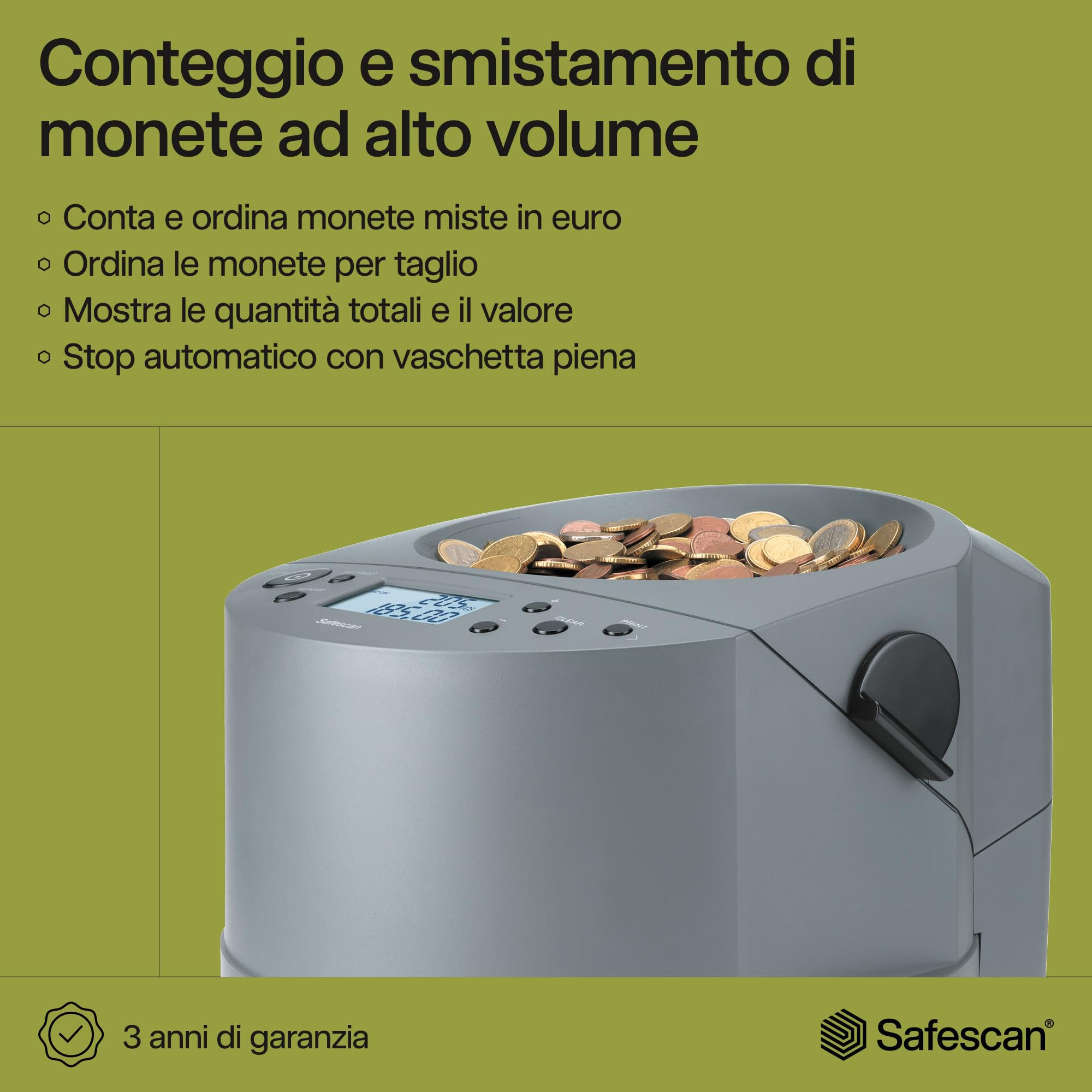 Safescan 1450 Contamonete che conta e smista velocemente grandi volumi di monete miste in euro - Contamonete che smista le monete per taglio - Contamonete per il conteggio continuo delle monete