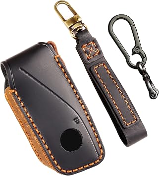 OLLEN Genuine Leather Key Fob Cover, Fit for BMW 2023up New 5/7 Series 740i 760i X1 X2 X3 X5 X6 X7 XM IX IX3 I5 I7 etc, with Leather Keychain and Zinc Alloy Key Buckle, Black