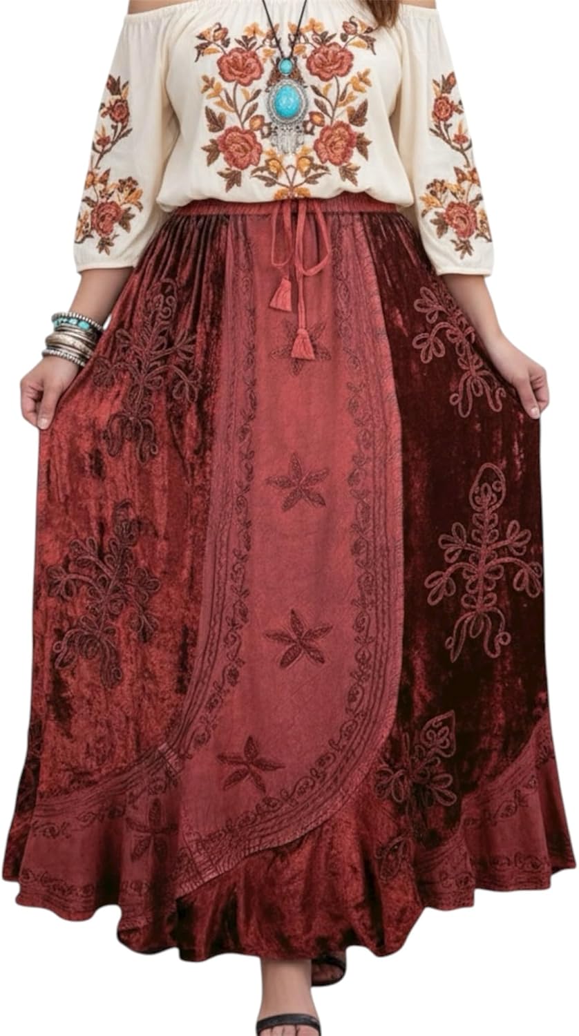 Agan Traders Women's 2024 Fall Winter Rayon Velvet Vintage Boho Embroidered High Waist Maxi Skirt - Long Skirts for Women