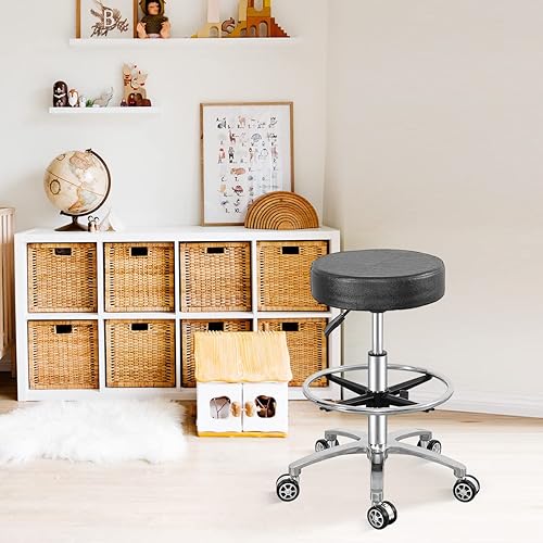 Miniatura 2 de Antlu Taburete giratorio para oficina, salón médico, tatuaje, cocina, masaje, trabajo, altura ajustable, taburete hidráulico con ruedas (negro, con