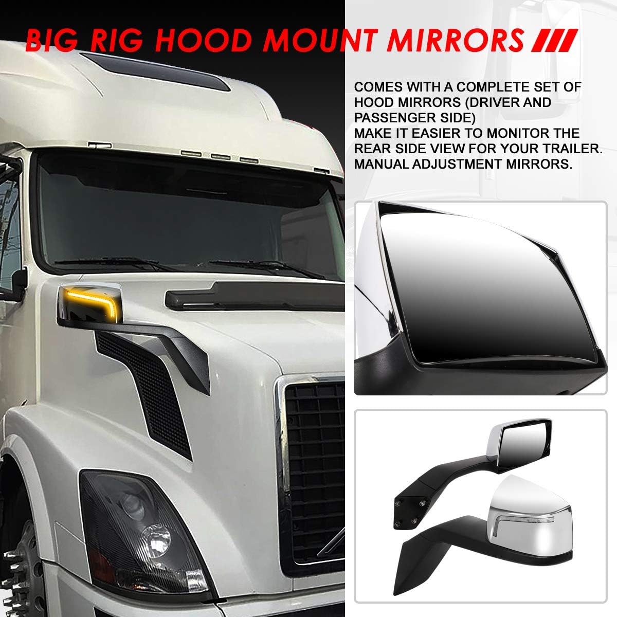 Auto Dynasty L-Pattern LED Sequential Turn Signal Manual Adjust Rear View Side Hood Mirrors Compatible with Volvo VN Series 2004-2018, Driver and Passenger Side, Polished Chrome