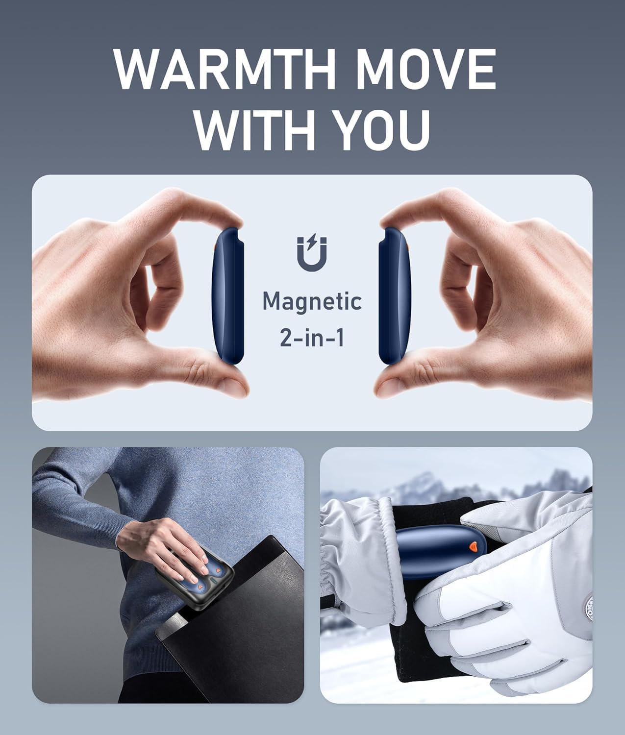 14000mAh Rechargeable Hand Warmers 2 Pack with Charging Case, AI Smart Control, 60H Long-Lasting Heat, 1s Fast Heating Pocket Heater for Camping, Hunting, Golf, Hiking (Navy Blue, Small)