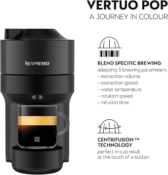 Nespresso Vertuo Pop Coffee Pod Machine Black by De'Longhi | Compact machine brews up to 6 cup sizes for Vertuo coffee pods, 12 pod discovery box included. ENV90.B