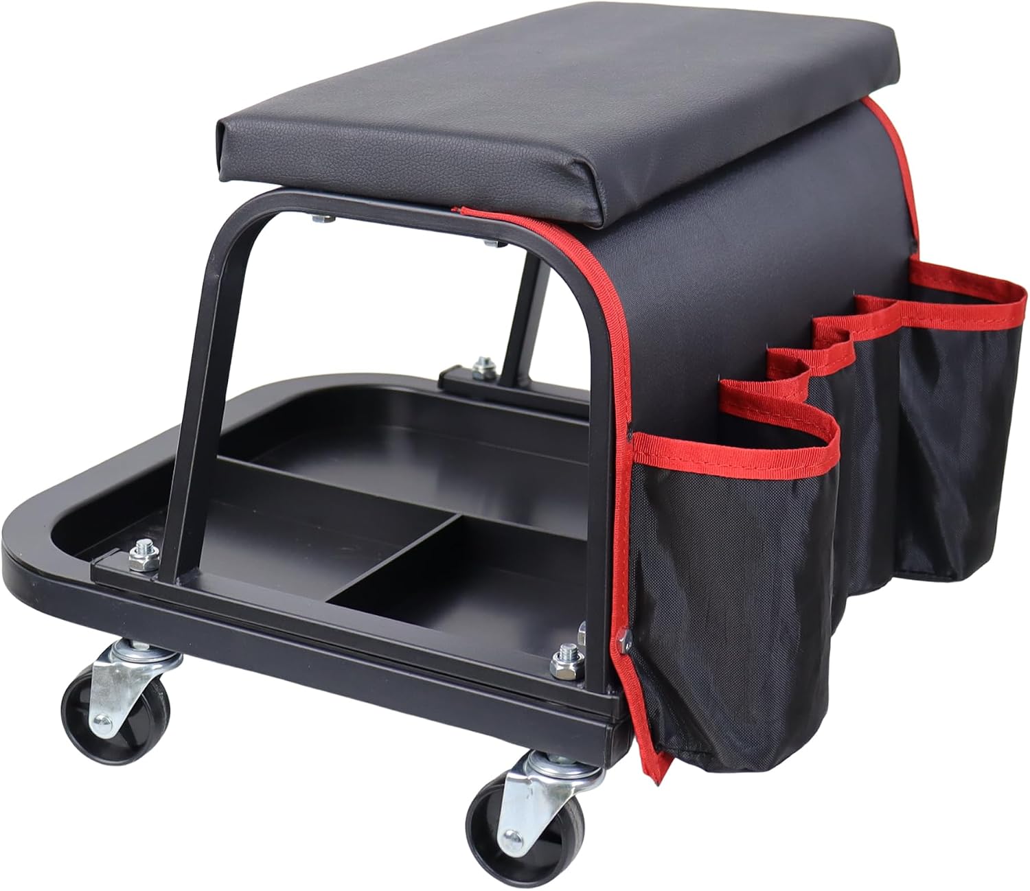 Rolling Mechanic Garage Stool on Wheels with Padded Cushion, Tool Tray Storage and Side Pockets, 300 LBS Capacity, Black