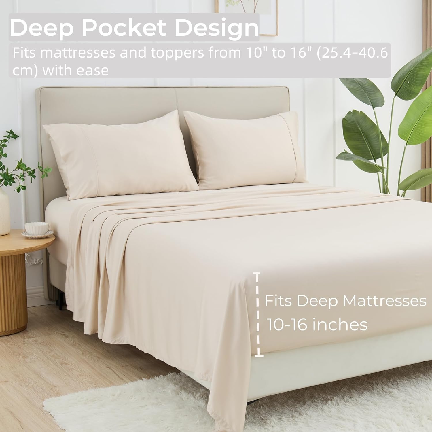 GOKOTTA King Size Sheets Set 4 Piece, 100% FSC® Certified Rayon Derived from Bamboo,Luxury Breathable and Silky Soft Sheets, Deep Pocket 16" Fitted Sheet with Elastic Corner Straps, Beige - Image 8