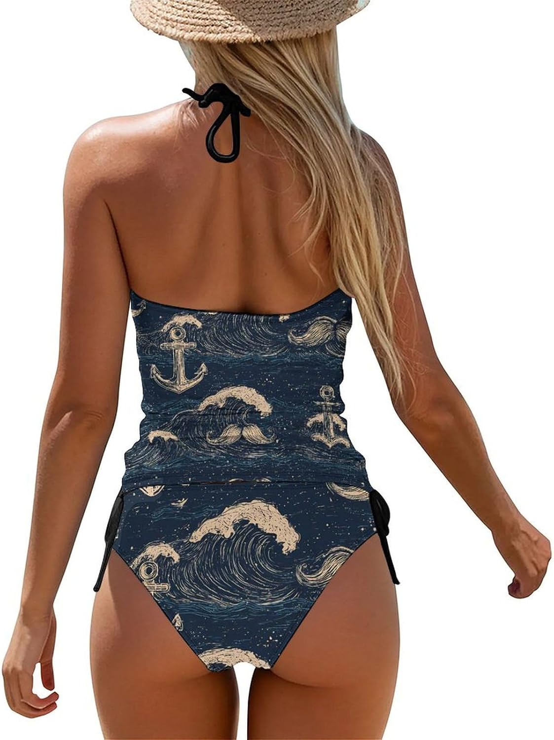 Mustaches Anchors Waves Vintage Women Tankini 2 Piece Swim Bathing Suits | tummy control,high neck top with bottom,swimwear,swimsuits