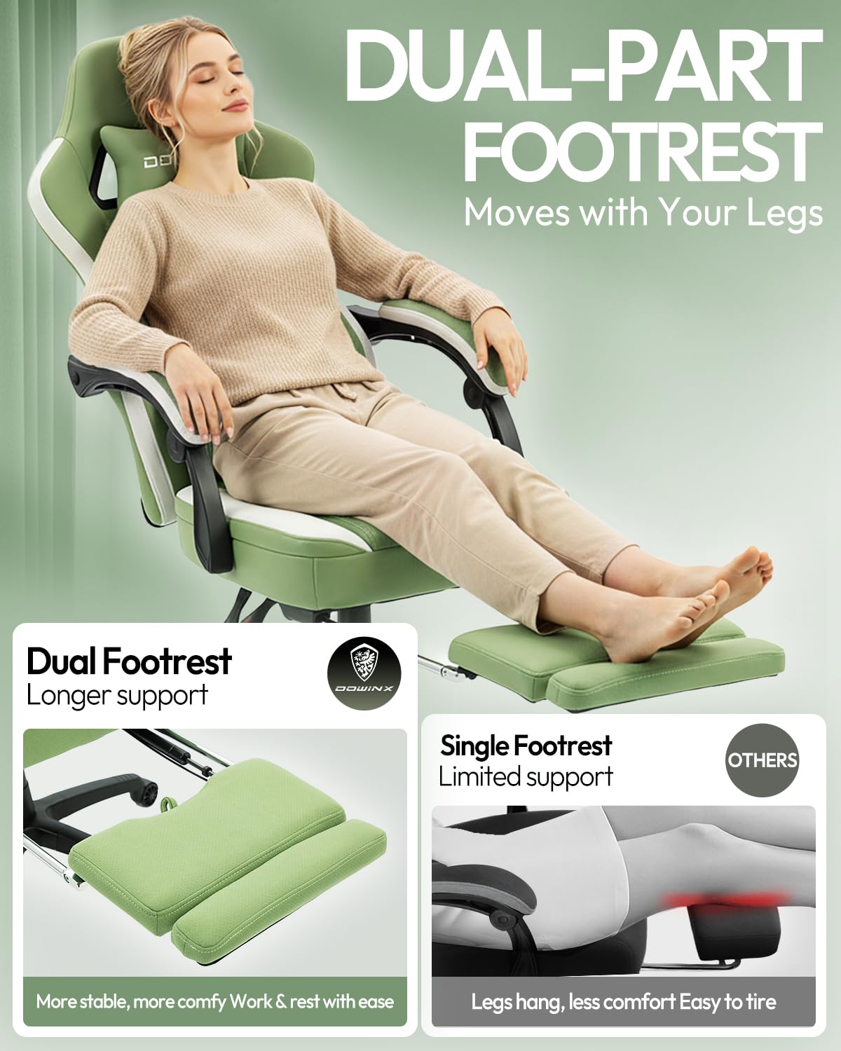 Dowinx Gaming Chair Breathable Fabric Game Chair with Gel Pad and Storage Bag, Comfortable Gamer Chair with Pocket Spring Cushion,Ergonomic Computer Chair with Footrest,: Green