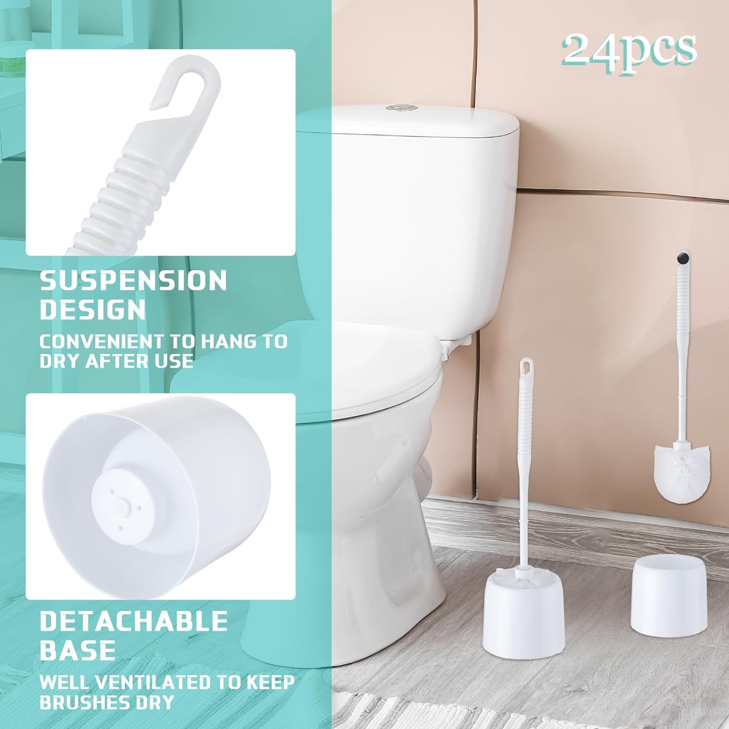 Roshtia Juego de 24 cepillos de inodoro y soporte, cepillo limpiador de inodoro para baño, cepillo de inodoro con organizador para limpieza profunda, 14.57 pulgadas de altura (blanco)