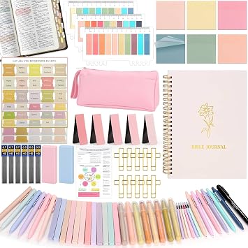 Flasoo 106 Pack Bible Study Supplies Journaling Kit for Women, Church Journal Note Taking Annotation Kit, Tabs and Highlighters Set with Pencil Case and More Bible Accessories Christian Gift
