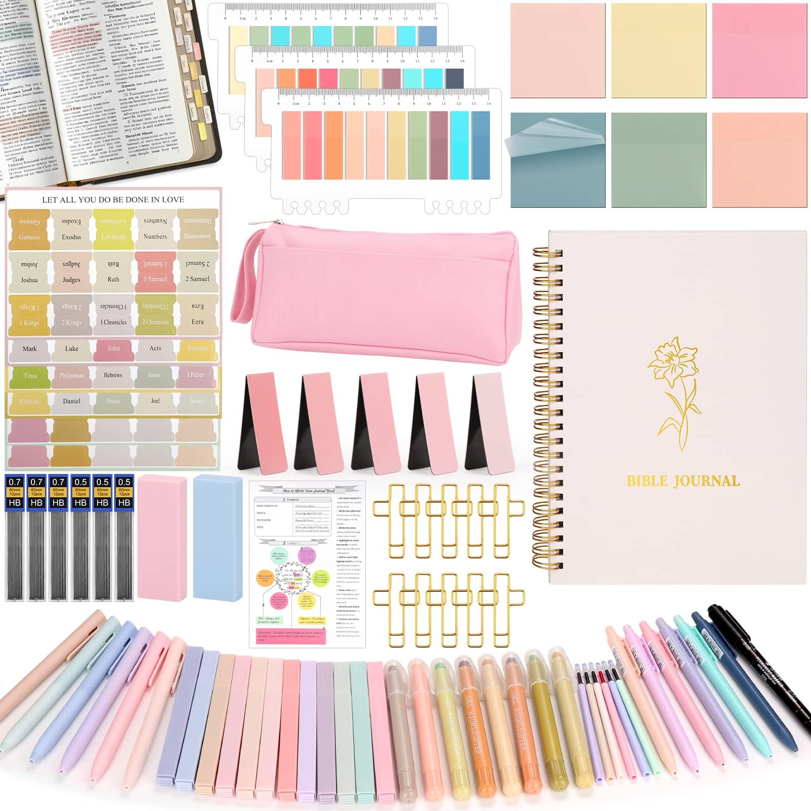 Flasoo Paquete de 106 suministros de estudio bíblico para mujeres, kit de anotación de diario de la iglesia, notas y marcadores con estuche y más accesorios de la Biblia, regalo cristiano
