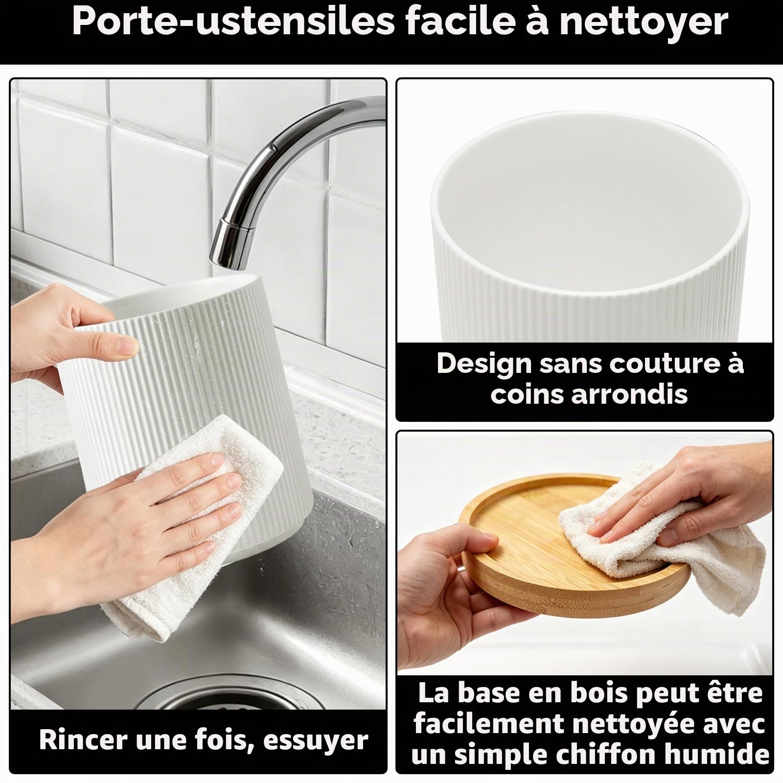 Porte Ustensiles Cuisine en Céramique: Porte-ustensiles en Bois Pivotant à 360°-Facile à Nettoyer Rangement pour ustensiles de Cuisine-Support pour Ustensiles de Cuisine pour Spatules Cuillères