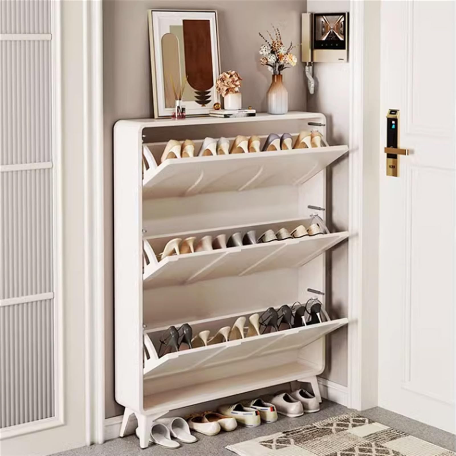 Zapatero Zapatero Blanco Moderno, Zapatero Independiente con 3 cajones abatibles, Organizador de Zapatos Estrecho for Entrada, Pasillo, Dormitorio Mostrar Estante(60x17x120CM)