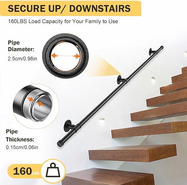 Pasamanos Escalera, 1,2M Pasamanos para Escaleras Interior Exterior, Pasamanos Negro con tubo de acero Galvanizado Industrial Antideslizante, Barandilla Escalera para Cocina Baño Jardín - 4