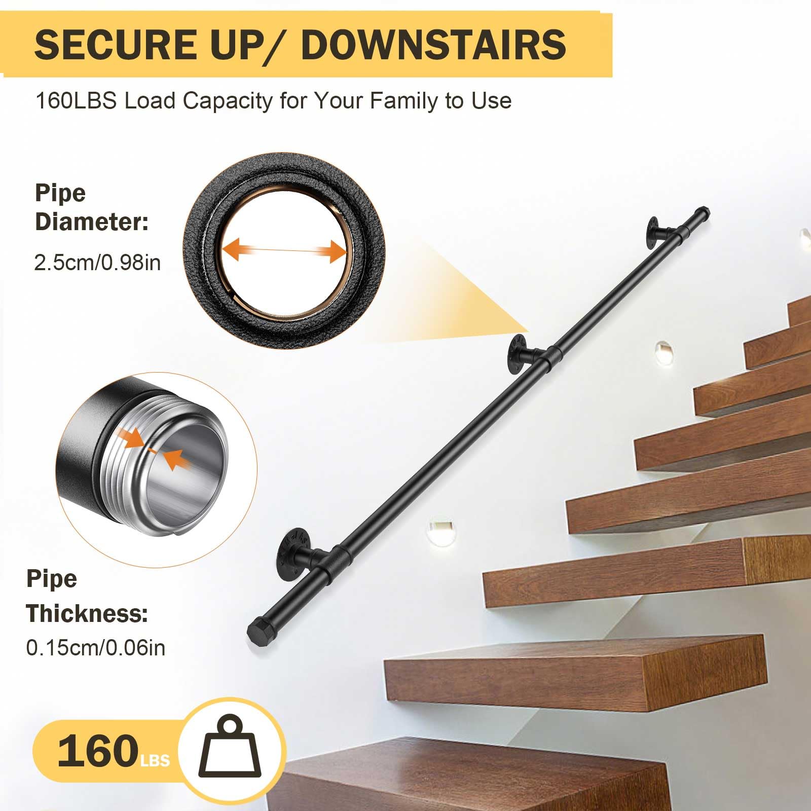 Pasamanos Escalera, 1,2M Pasamanos para Escaleras Interior Exterior, Pasamanos Negro con tubo de acero Galvanizado Industrial Antideslizante, Barandilla Escalera para Cocina Baño Jardín — view 4