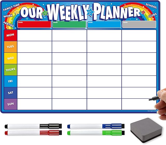 TMS Weekly Family Planner A3 | Magnetic Dry Wipe Whiteboard For Organising Your Chores, Meals, Home, School | Use as a Fridge Magnet With 4 Multi-Coloured Pens and Eraser (Blue, A3)
