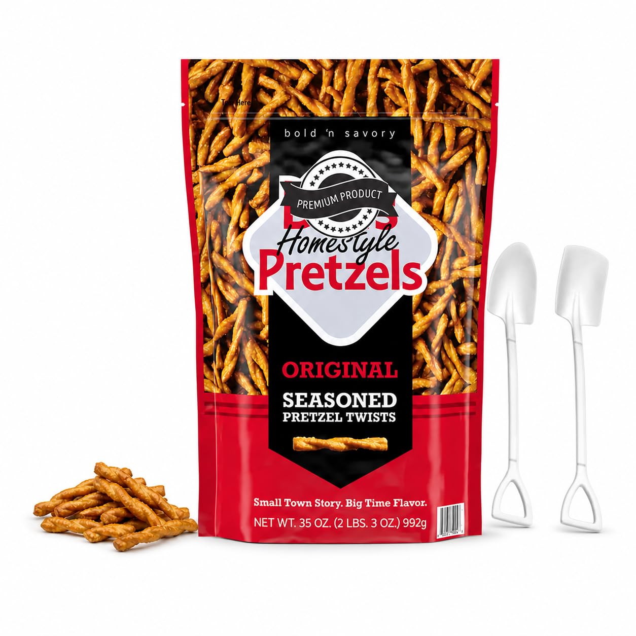 Dots Homestyle Original Seasoned Pretzel Twists, 35 oz (2 lbs 3 oz) – Bold & Savory Crunchy Snack – Resealable Bag – Includes Candy Freezer Mini Metal Shovel Spoons