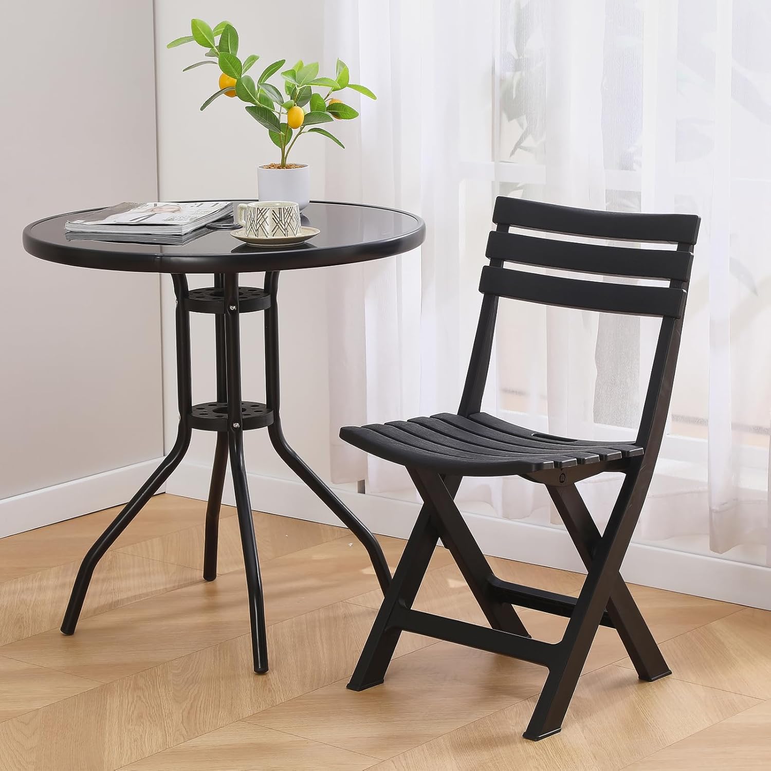 BOOSDEN Folding Plastic Chairs 4 Pack, Foldable Patio Stackable Chairs with Backrest for Outdoor Indoor Dining Party Wedding Event Black