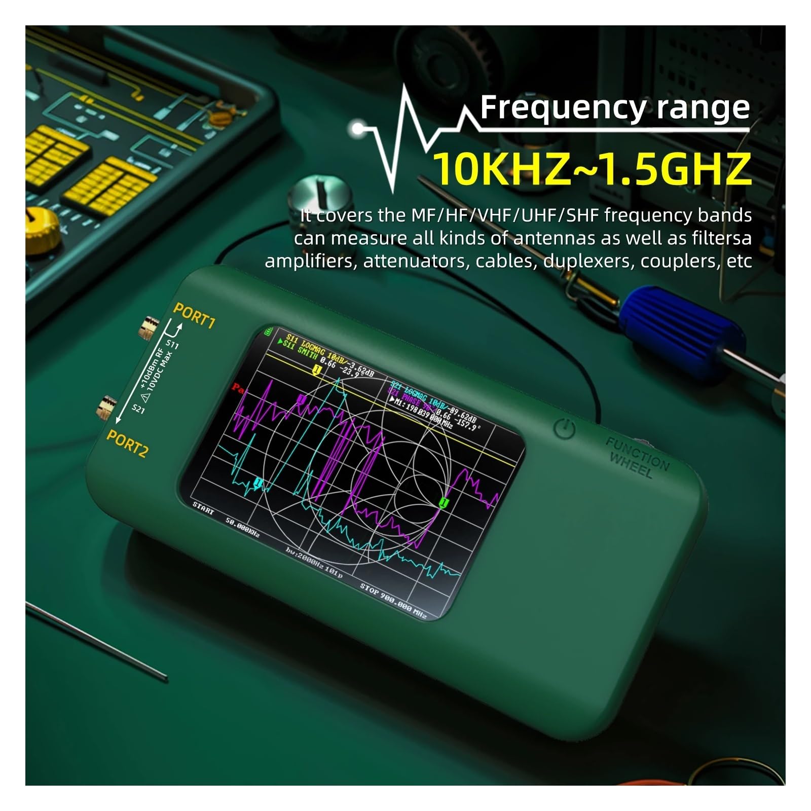 Spektrumanalysator, Tragbarer Vektornetzwerkanalysator, 3,98-Zoll-Touchscreen, 10 kHz – 1,5 GHz, MF, HF, VHF, UHF, SHF, mit SD-Kartensteckplatz, Antennenanalysator