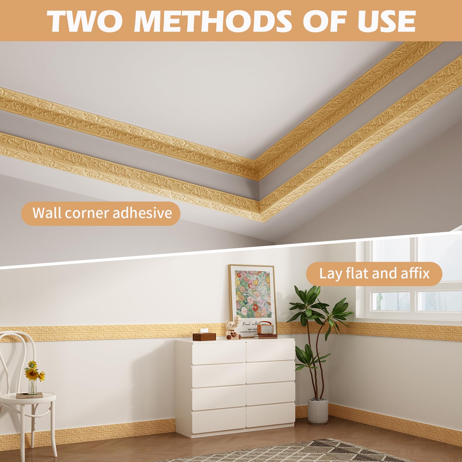 Cenefa autoadhesiva, 5 m x 10 cm x 8 mm, molduras de estuco 3D para pared, autoadhesivas, resistentes al agua, bordes autoadhesivos, ribetes para esquinas, líneas, techos, decoración (dorado)