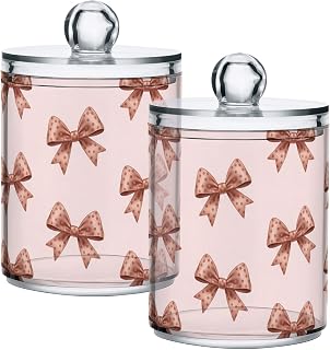 Ribbon Bows Clear Plastic Storage Jars with Lids 2 Pack, Multipurpose Counter Organizer for Bathroom Cotton Swabs, Hair Ties and Office Mini Supplies