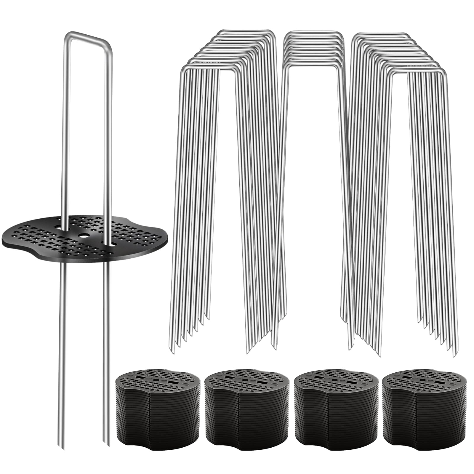 Photo 1 of 100 Pcs Garden Stakes Landscape Staples Set, 6 Inch 11 Gauge Heavy Duty Galvanized 50 U-Shaped Pins with 50 Gaskets for Weed Barrier Fabric, Grass Sod, Artificial Turf & Yard Landscaping