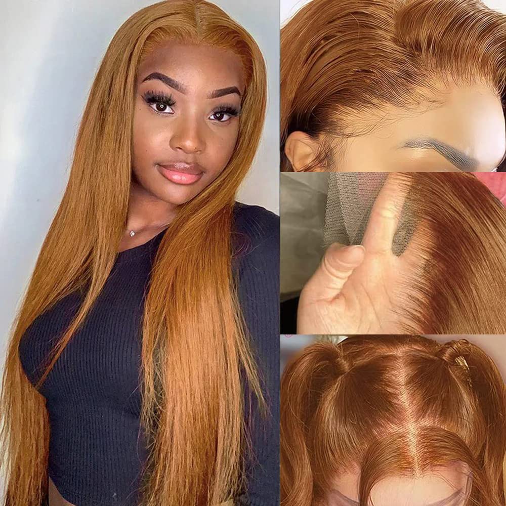 Ginger Brown #30 Colored Lace Front Wigs Human Hair Straight Light Brown Colored 13x4 Transparent HD Lace Frontal Human Hair Wig Pre Plucked Honey Blonde Wig with Natural Hairline 22 Inch