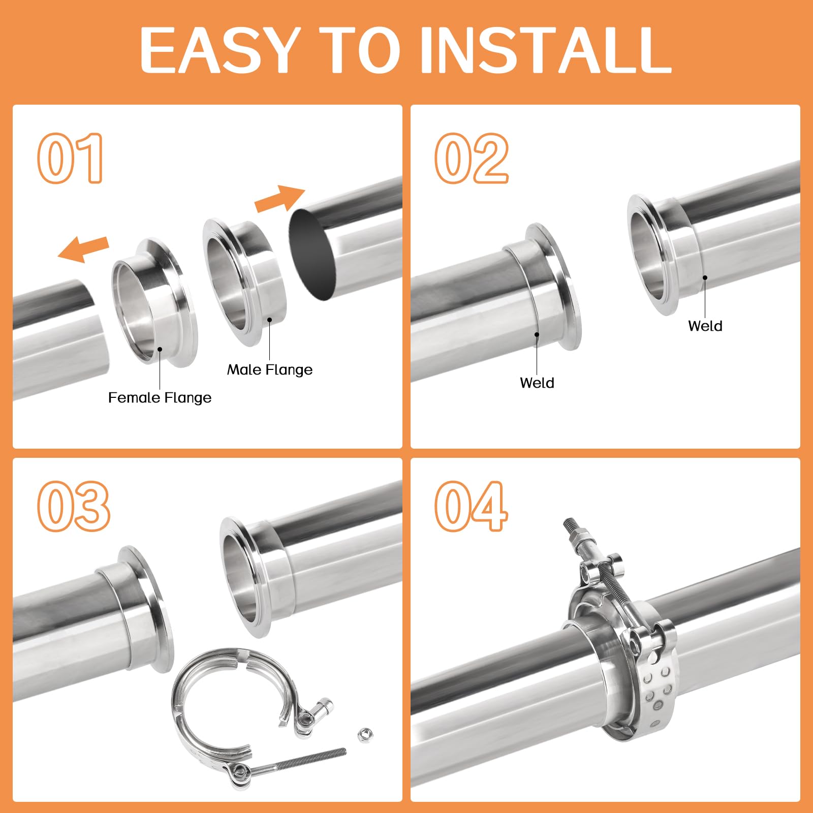 Fascetta V-Band + Flangie Ø 63,5 mm (2,5'') Kit completo in Acciaio Inox 304 Fascetta a serraggio rapido per scarico e turbo con anelli centraggio e fascetta per tubo turbo (1 pezzo, argento)