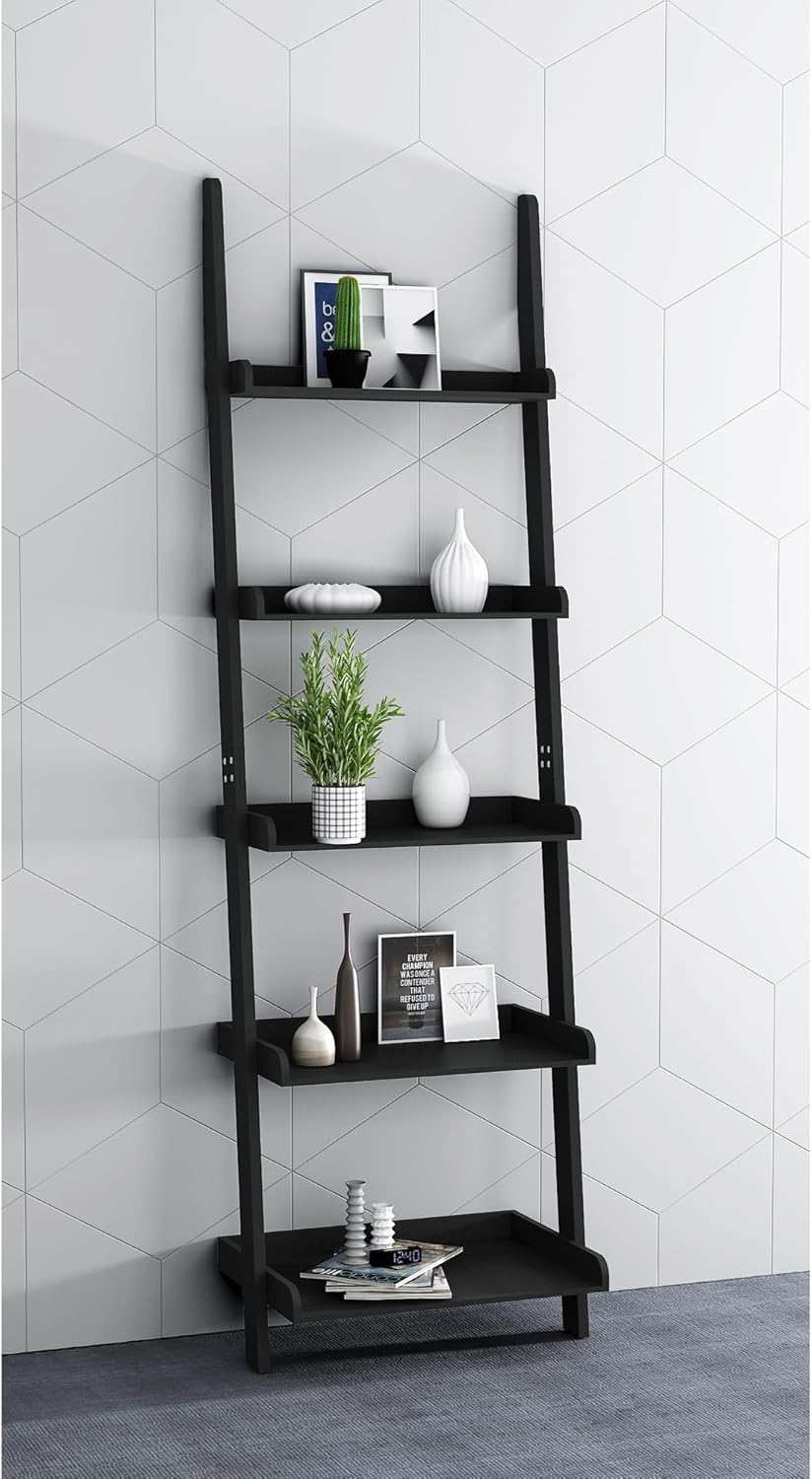 eHemco Modern 5 Tier Leaning Wall Ladder Bookshelf Organizer, Storage Rack, 70 Inches, Black