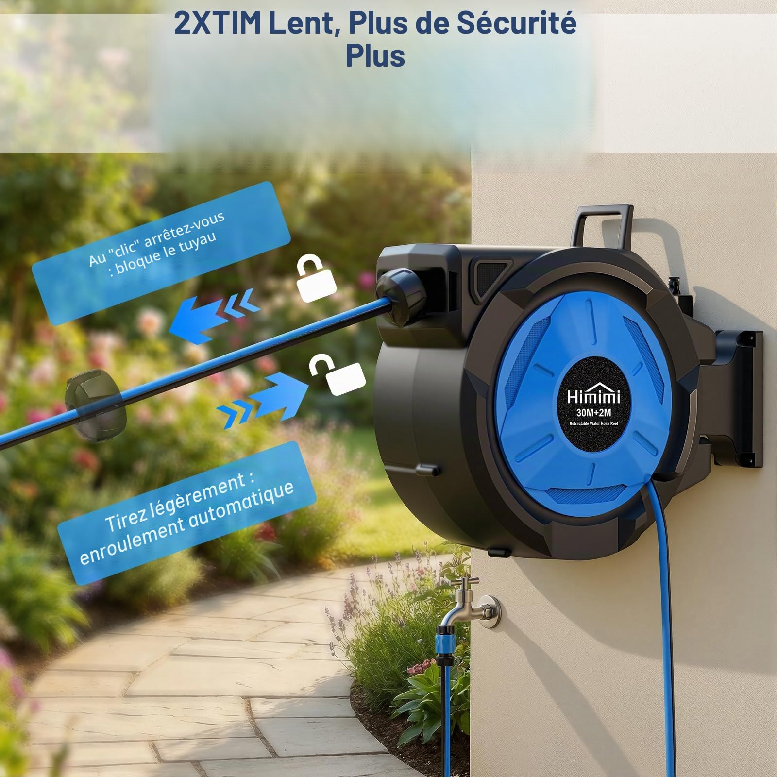 Himimi Enrouleur de Tuyau d’Arrosage Mural Rétractable 30 m + 2 m, Dévidoir Automatique 1/2 Pouce avec Rembobinage Lent, Verrouillage à Toute Longueur, Support Pivotant 180°, pour Jardin et Terrasse