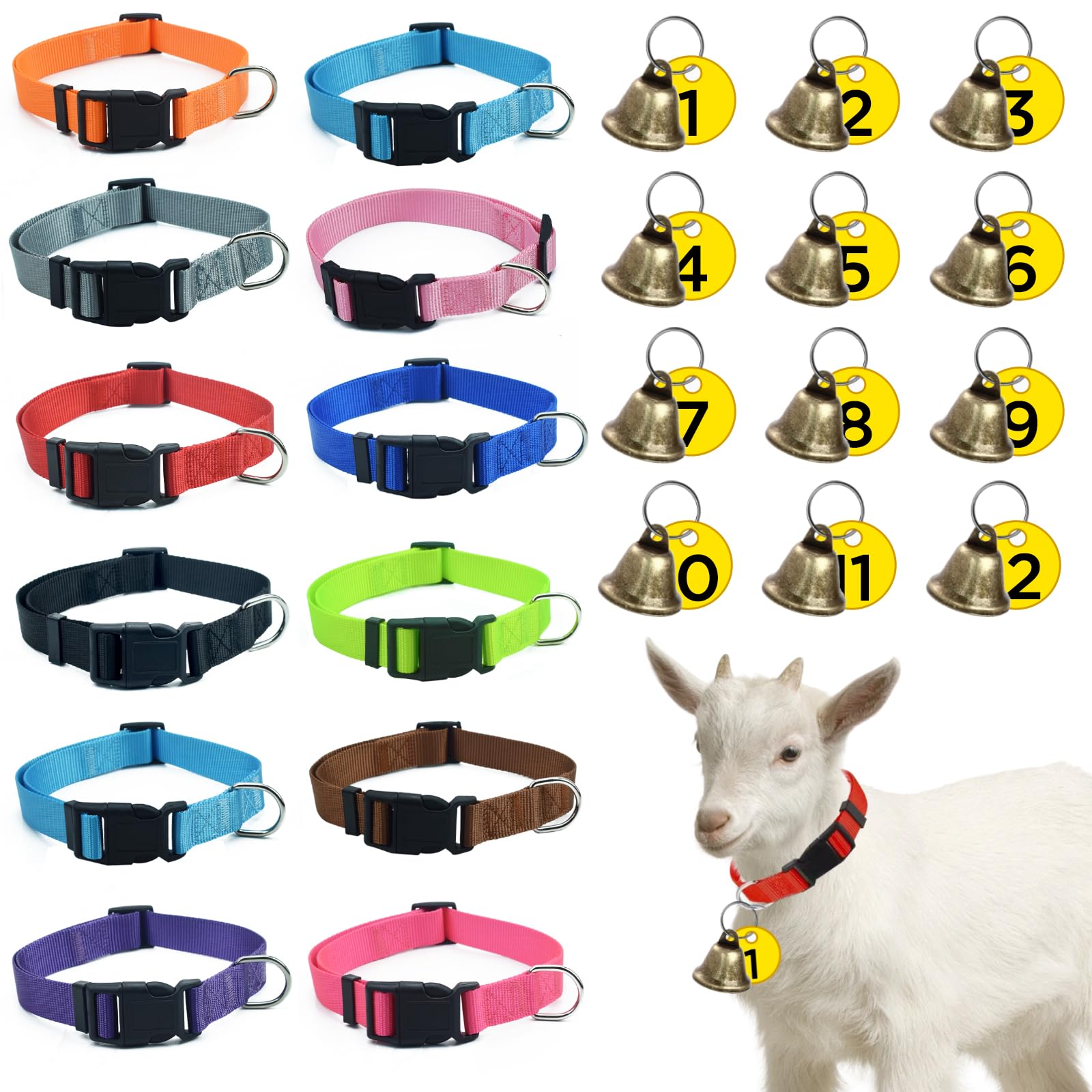 ETCYAOXIN 12-Pack Goat Collars with Bells and Numbered Tags,Adjustable Nylon Grazing Collars with Copper Bells,Find Your Farm Animals Fast! Suitable for Small Farm Animals Including Goats,Sheep,Cows