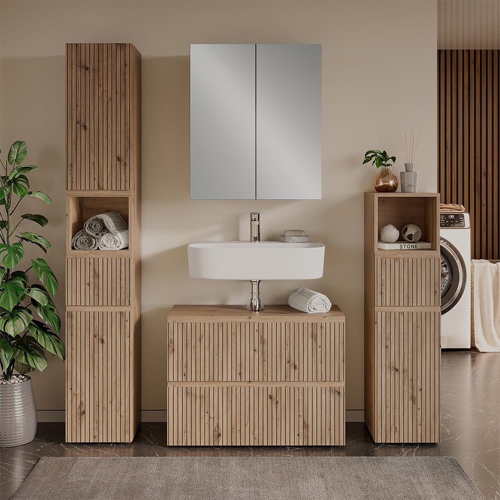 Vicco Meuble sous Vasque Simple Takumi, Artisan, 80x58cm avec 2 tiroirs, pour Le Rangement et l’Organisation des Accessoires de Salle de Bain