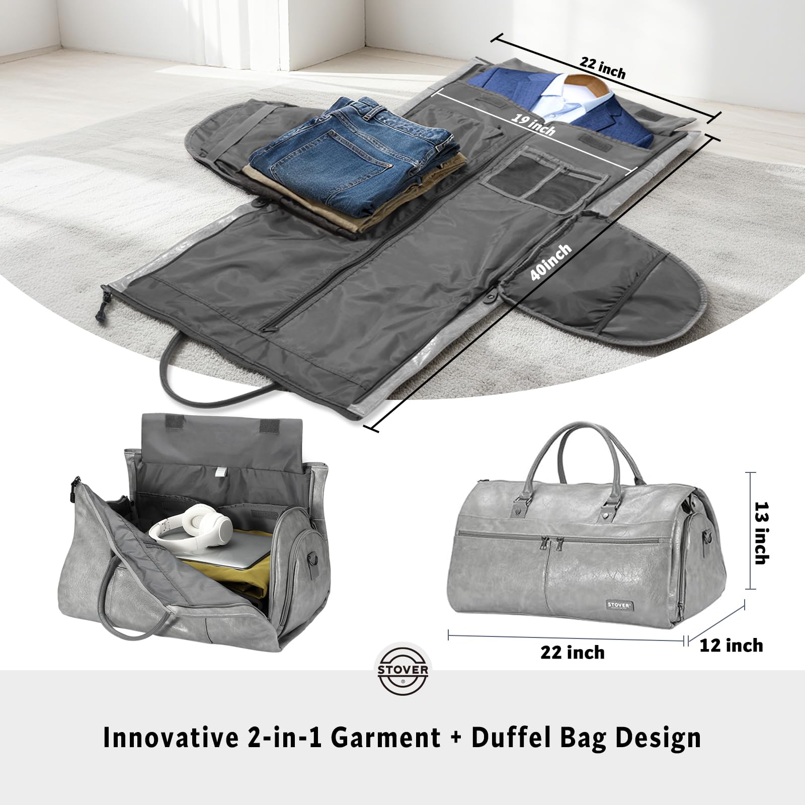 STOVER Bolsa de viaje grande 2 en 1, equipaje de mano convertible para hombres y mujeres, trajes colgantes, vestidos, ropa, compartimento para zapatos, bolsa de fin de semana, Piel sintética - Gris